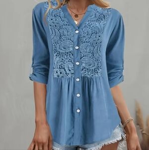 Elegant Blue Lace Detail Blouse